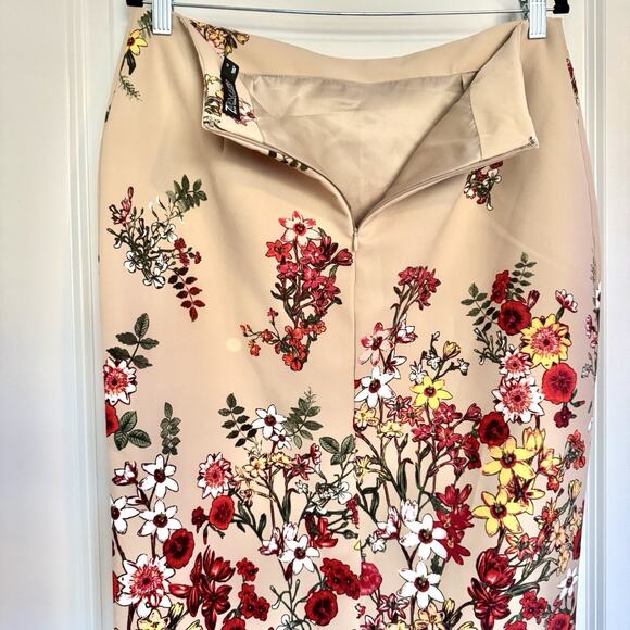 7th Avenue Ny&Co Pencil Skirt Sz 12 Nude Beige Red Floral Print Career Suit - Picture 7 of 12